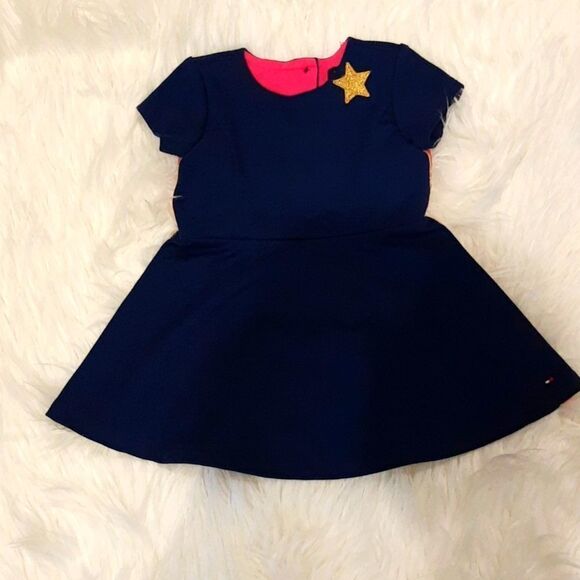 Tommy Hilfiger Dress Navy Blue And Pink Stripe Down Side 6-9 Month Baby - Picture 1 of 8